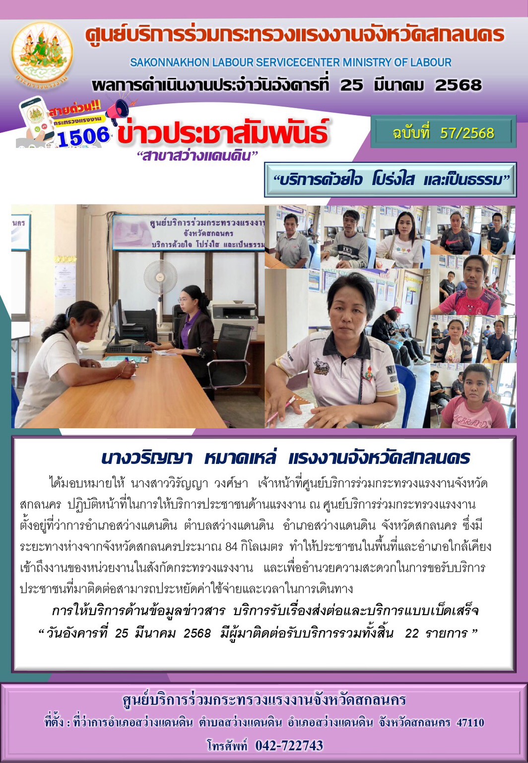ข่าวประชาสัมพันธ์ ศูนย์บริการร่วมกระทรวงแรงงานจังหวัดสกลนคร สาขาสว่างแดนดิน ประจำวันที่ 25 มีนาคม 2568